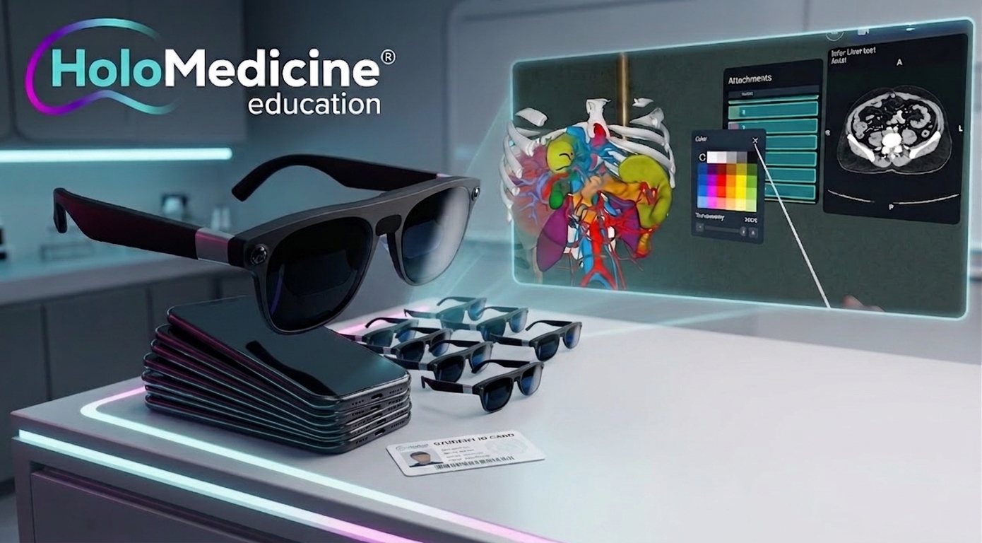 Multiple XREAL Aura XR glasses for a whole class with a HoloMedicine anatomy hologram