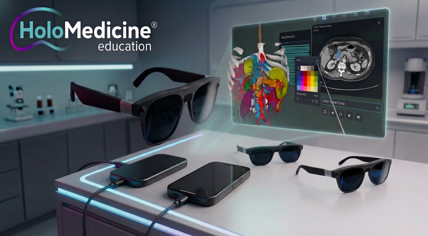 Three XREAL Aura XR glasses for clinic patient education with a HoloMedicine anatomy hologram